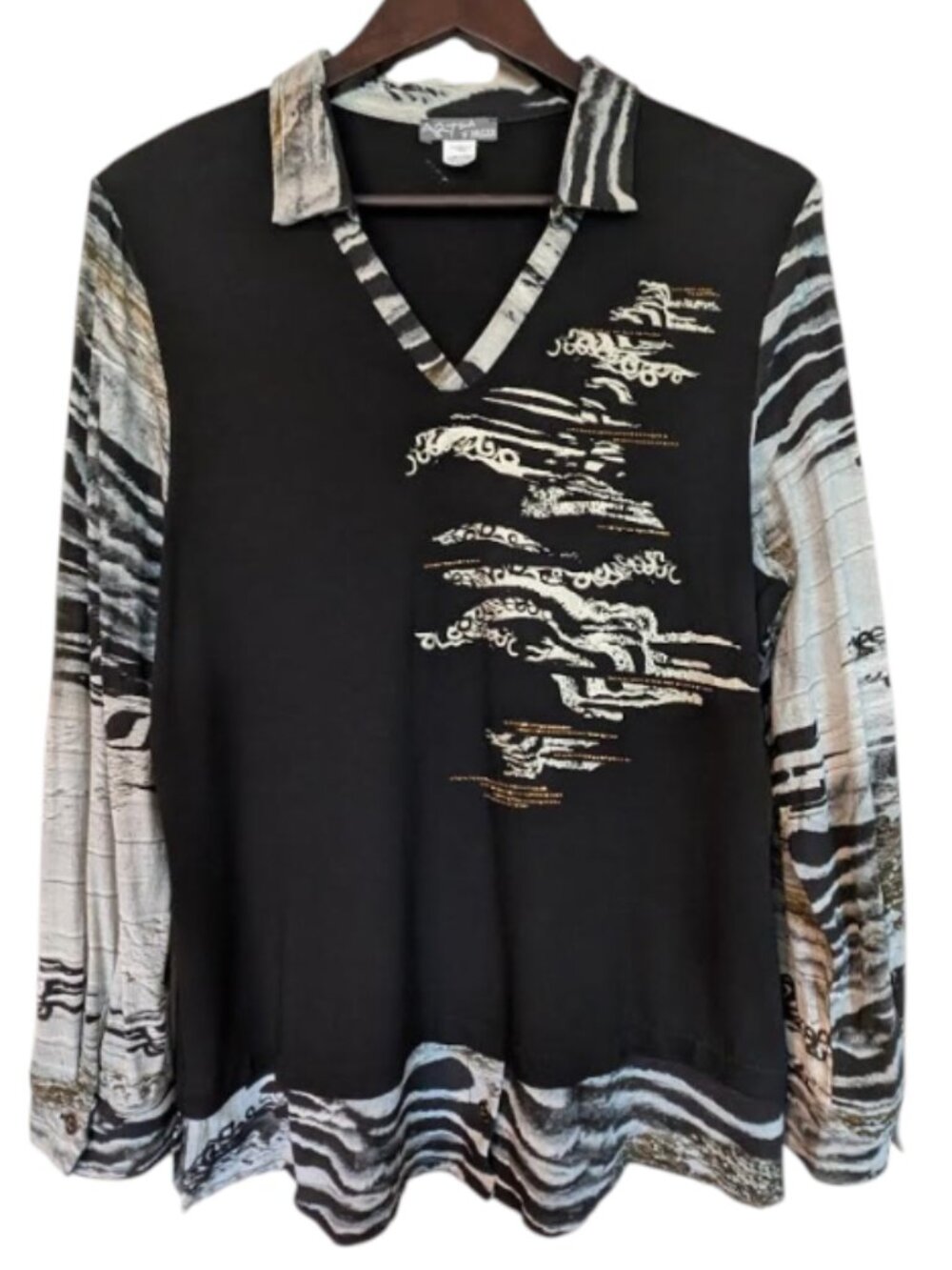 Dolcezza Simply Art Abstract Print Collared Long Sleeve Top Size L Avant Garde